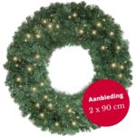 Set van 2 kerstkrans Memphis met ledverlichting 90cm