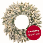 Set van 3 kerstkrans Memphis besneeuwd met ledverlichting 90cm