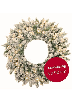 Set van 3 kerstkrans Memphis besneeuwd met ledverlichting 90cm